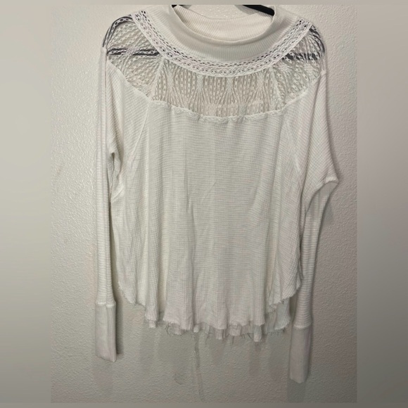Free People Spring Valley Ivory Waffle Knit Lace Neck Long Sleeve Top Size Small - Picture 2 of 9
